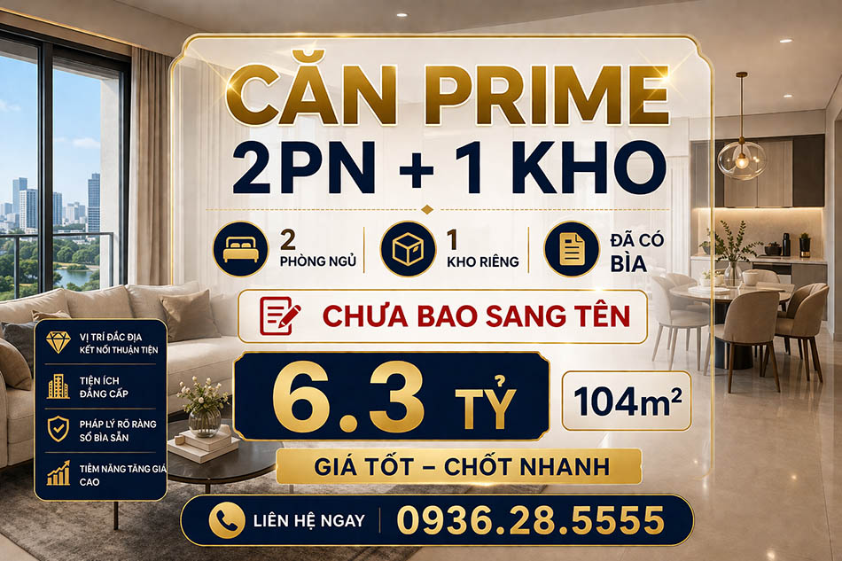 Bán căn hộ tháp đôi Prime 2 ngủ 1 kho tầng trung