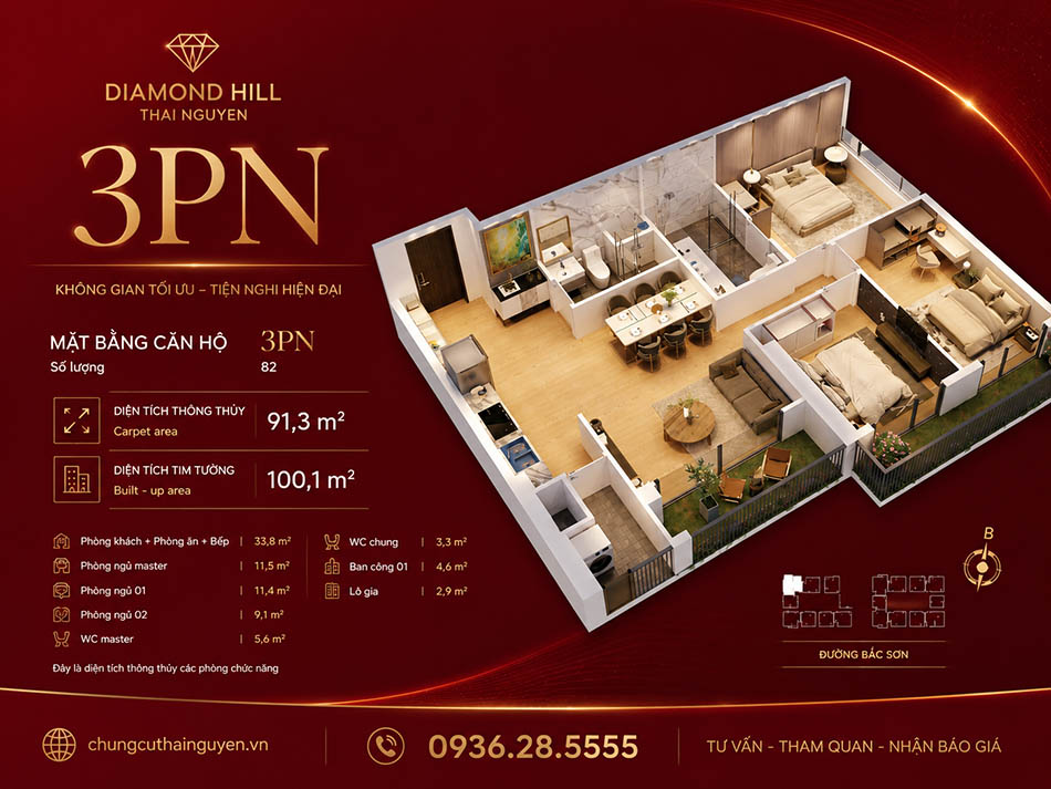 Bán Căn Hộ BV Diamond Hill 3PN diện tích 100 m² view đẹp